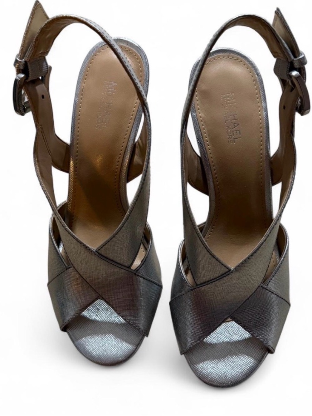 Michael Kors Metallic Pewter Crisscross Slingback Heels